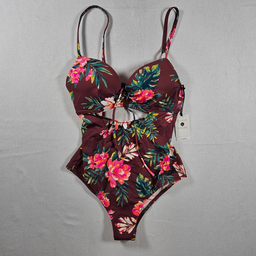 Shade Shore Women's Floral Print One Piece Swimsuit 32B Burgundy Tropical Cutout